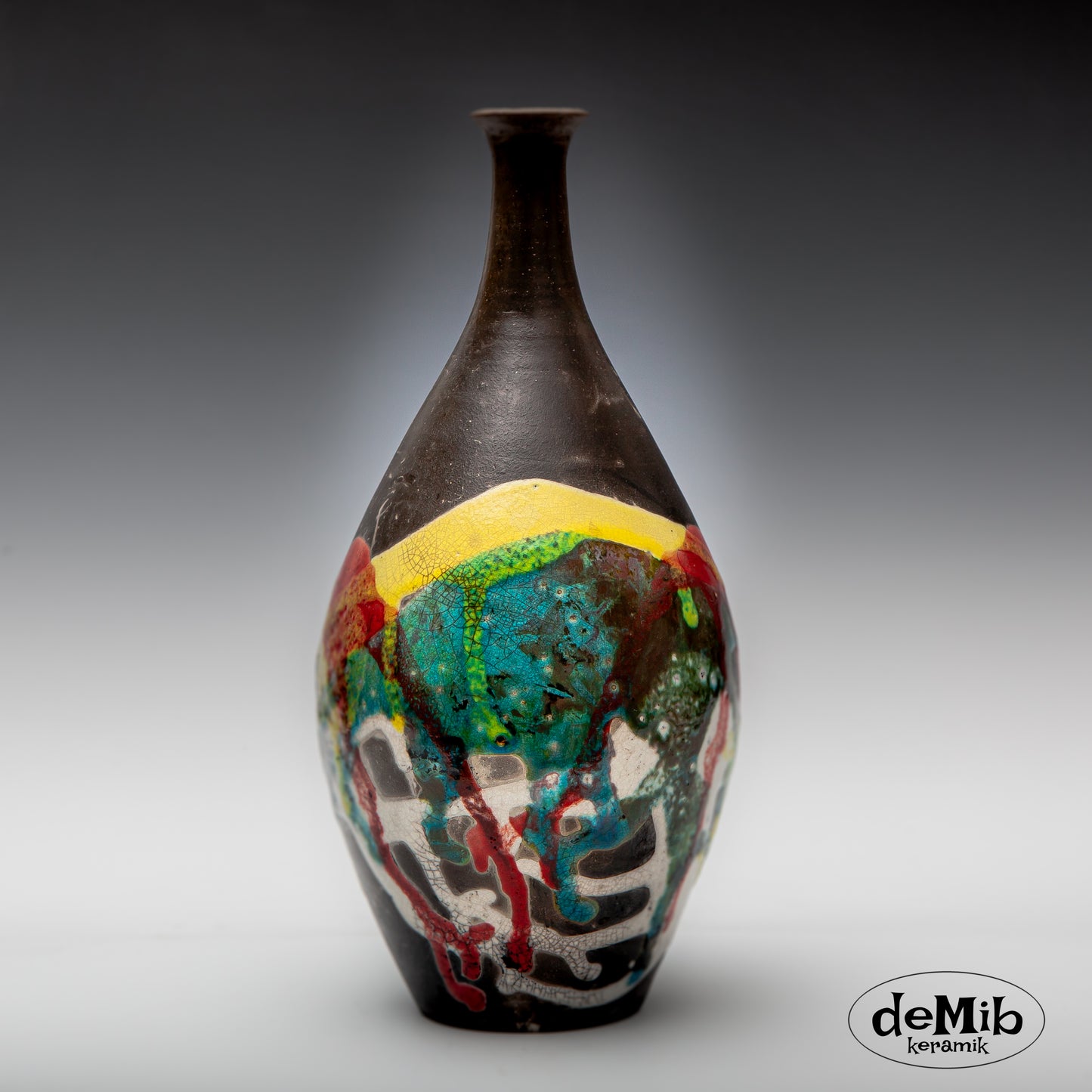 Tall Raku Fired Vase with Strong Colors (30 cm)