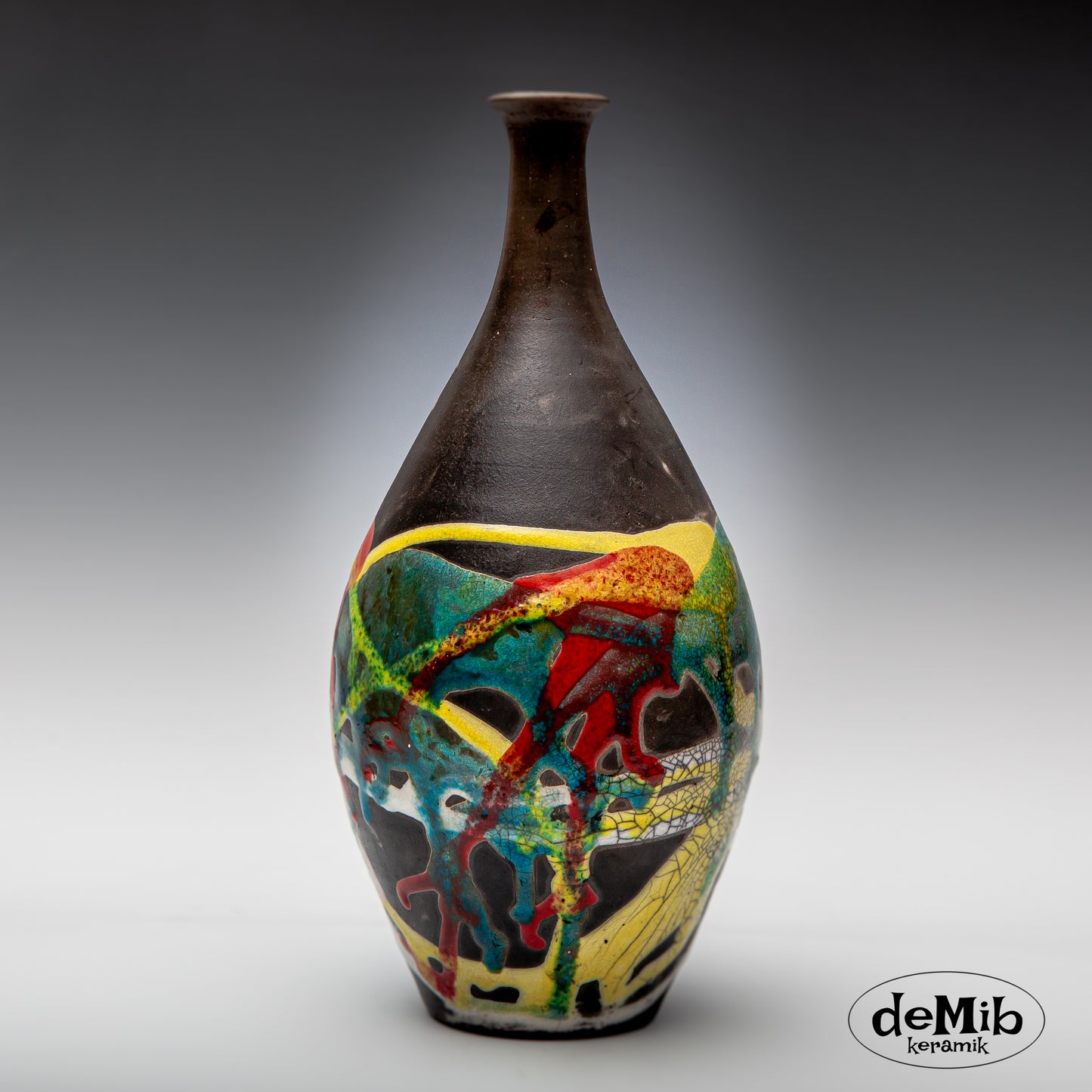 Tall Raku Fired Vase with Strong Colors (30 cm)