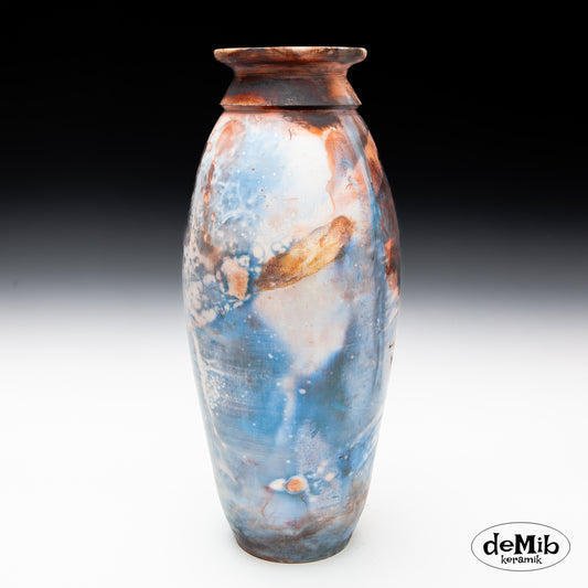 Tall Pitfired Vase in Blue & Red (40 cm)