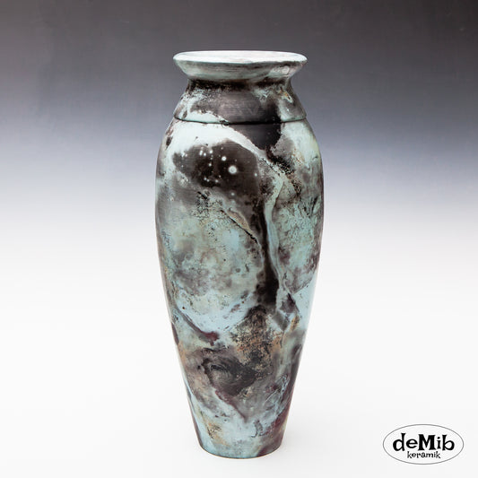 Tall Pitfired Vase in Turquoise Color (42 cm)