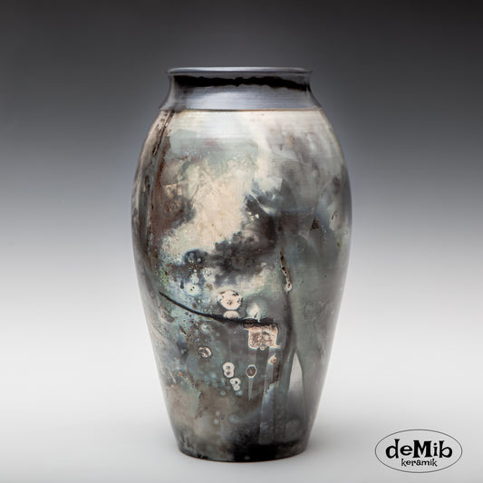 Tall Blue Pit Fired Vase (30 cm)