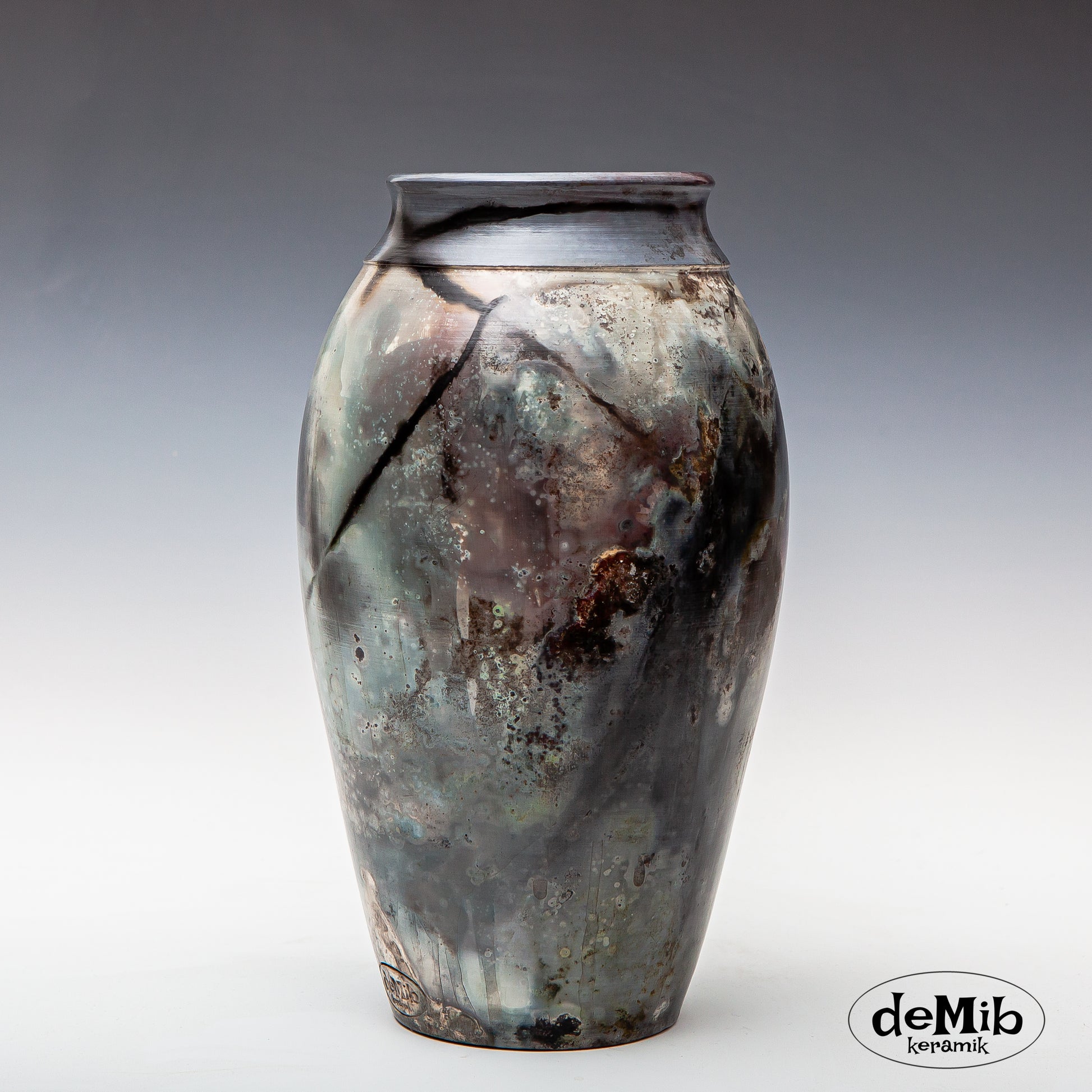 Tall Blue Pit Fired Vase (30 cm)