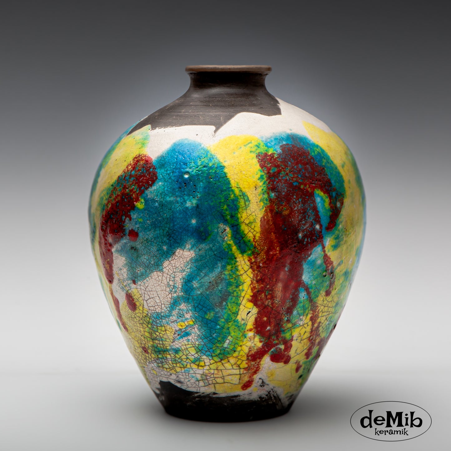 Round Raku Fired Vase with Vivid Colors (22 cm)