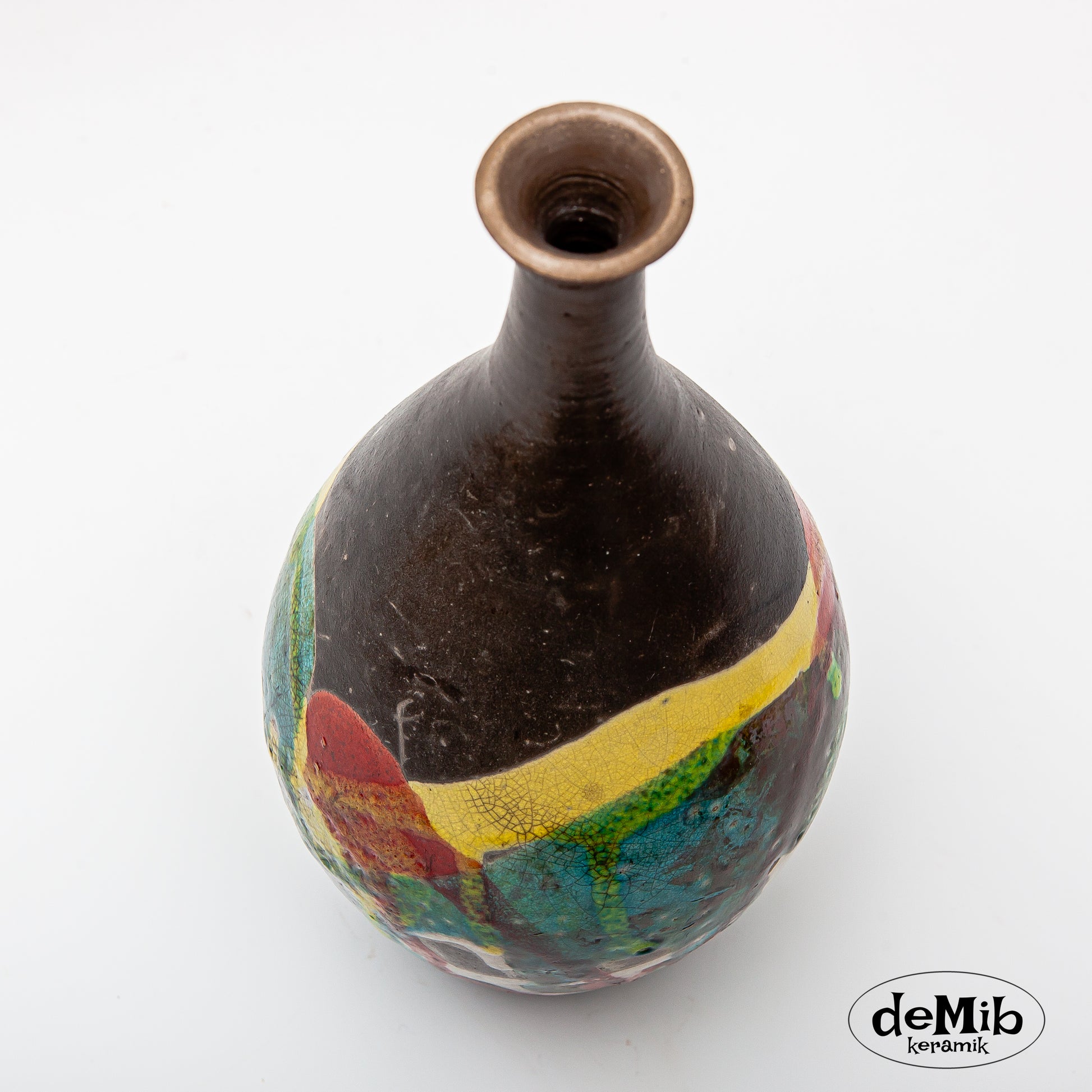 Tall Raku Fired Vase with Strong Colors (30 cm)