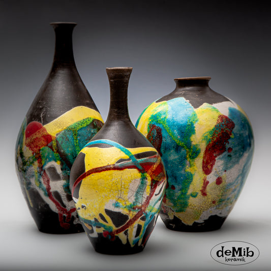 Cute Family of Three Raku Fired Vases (22-30 cm)