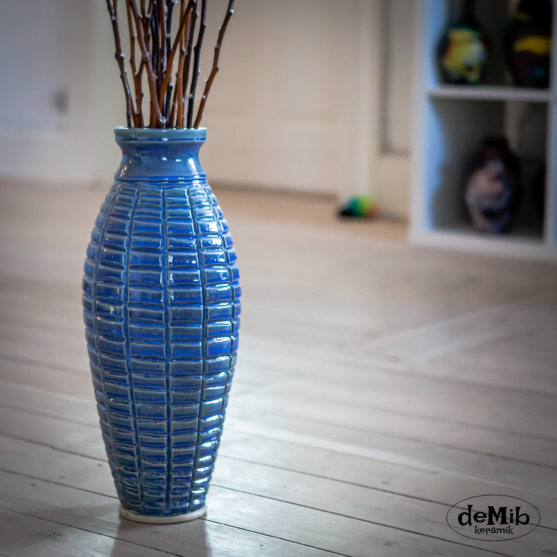 Tall Floor Vase "Grenade" Carved in Floating Blue