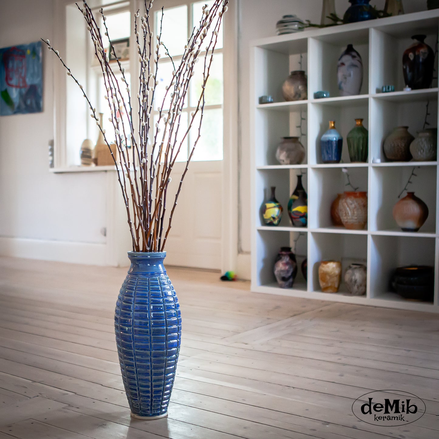 Tall Floor Vase "Grenade" Carved in Floating Blue