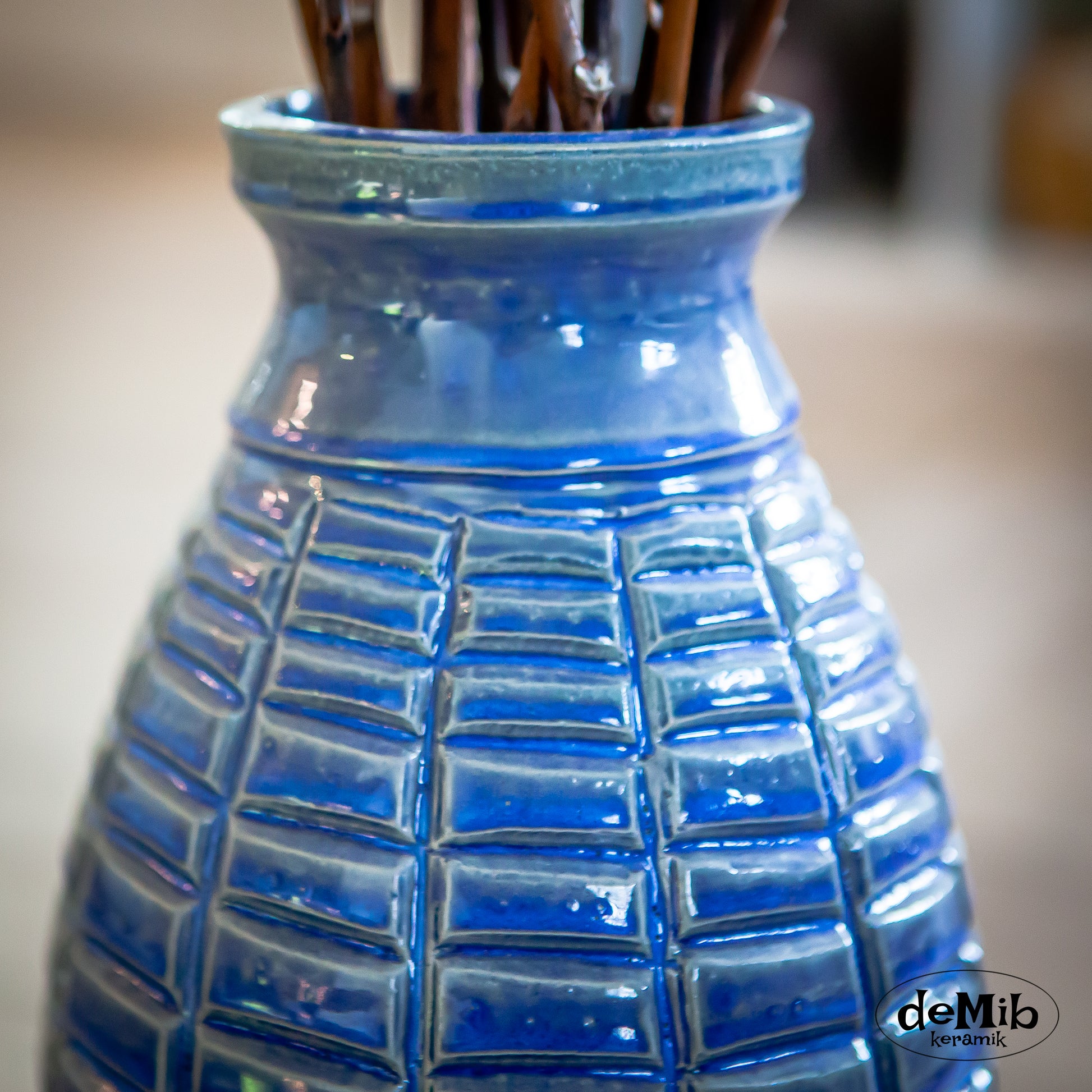 Tall Floor Vase "Grenade" Carved in Floating Blue