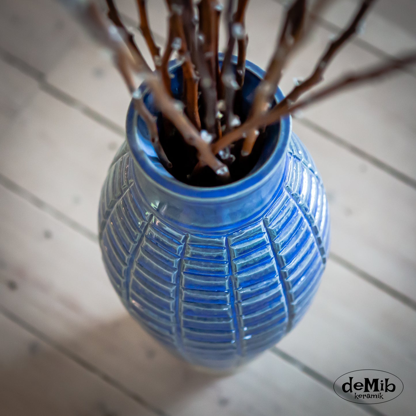 Tall Floor Vase "Grenade" Carved in Floating Blue