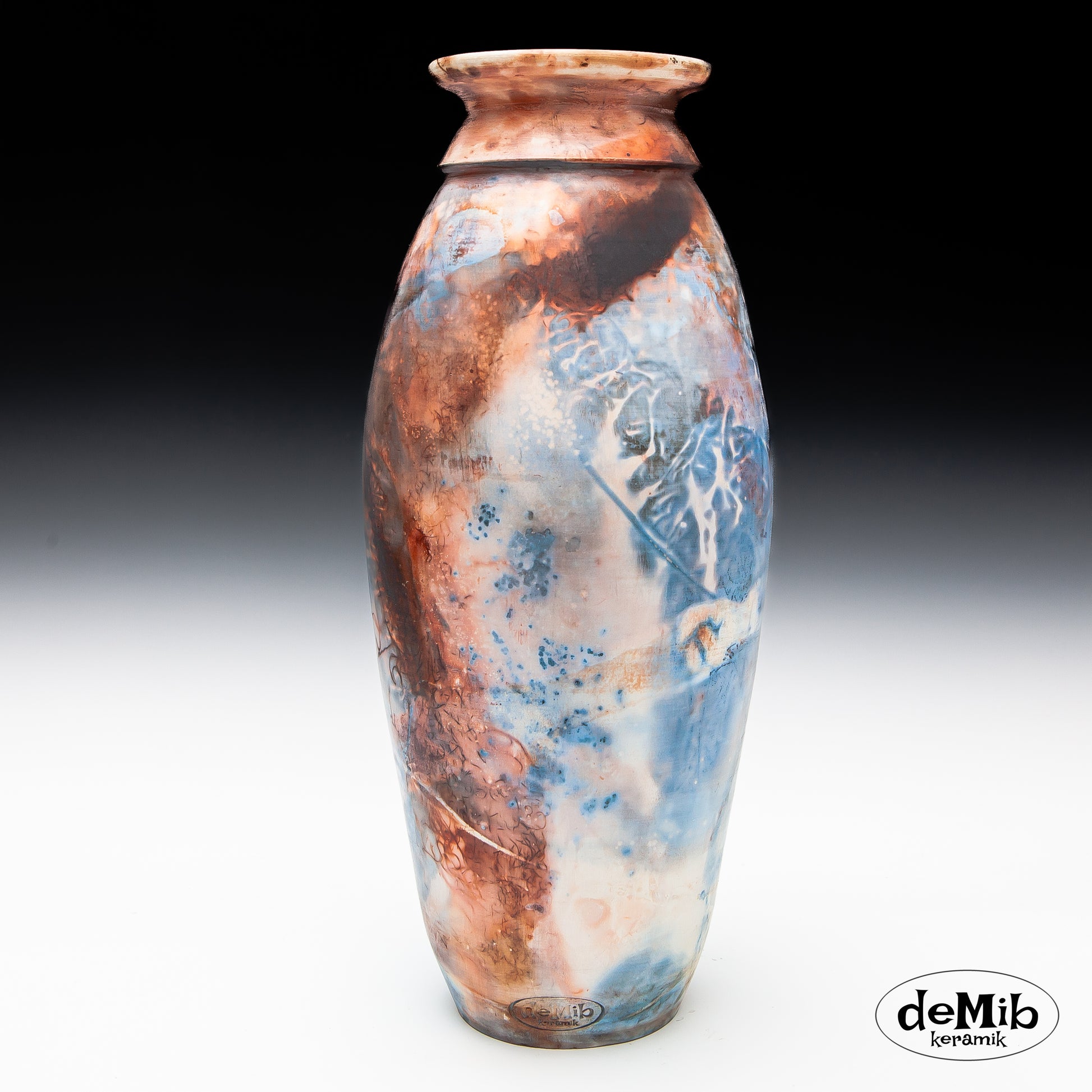 Tall Pitfired Vase in Blue & Red (40 cm)