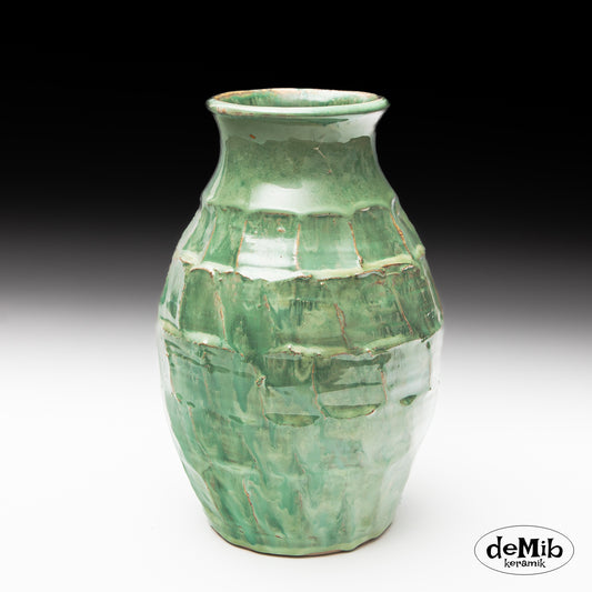 Green Carved Stoneware Vase (27 cm)