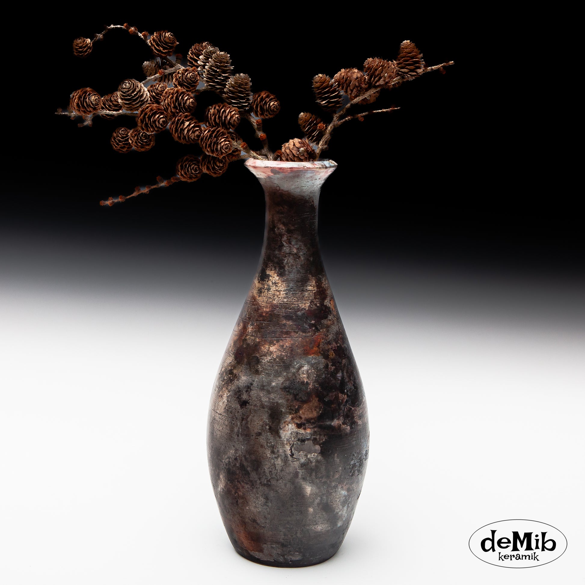 Tall Dark Pitfired Flower Vase (31 cm)